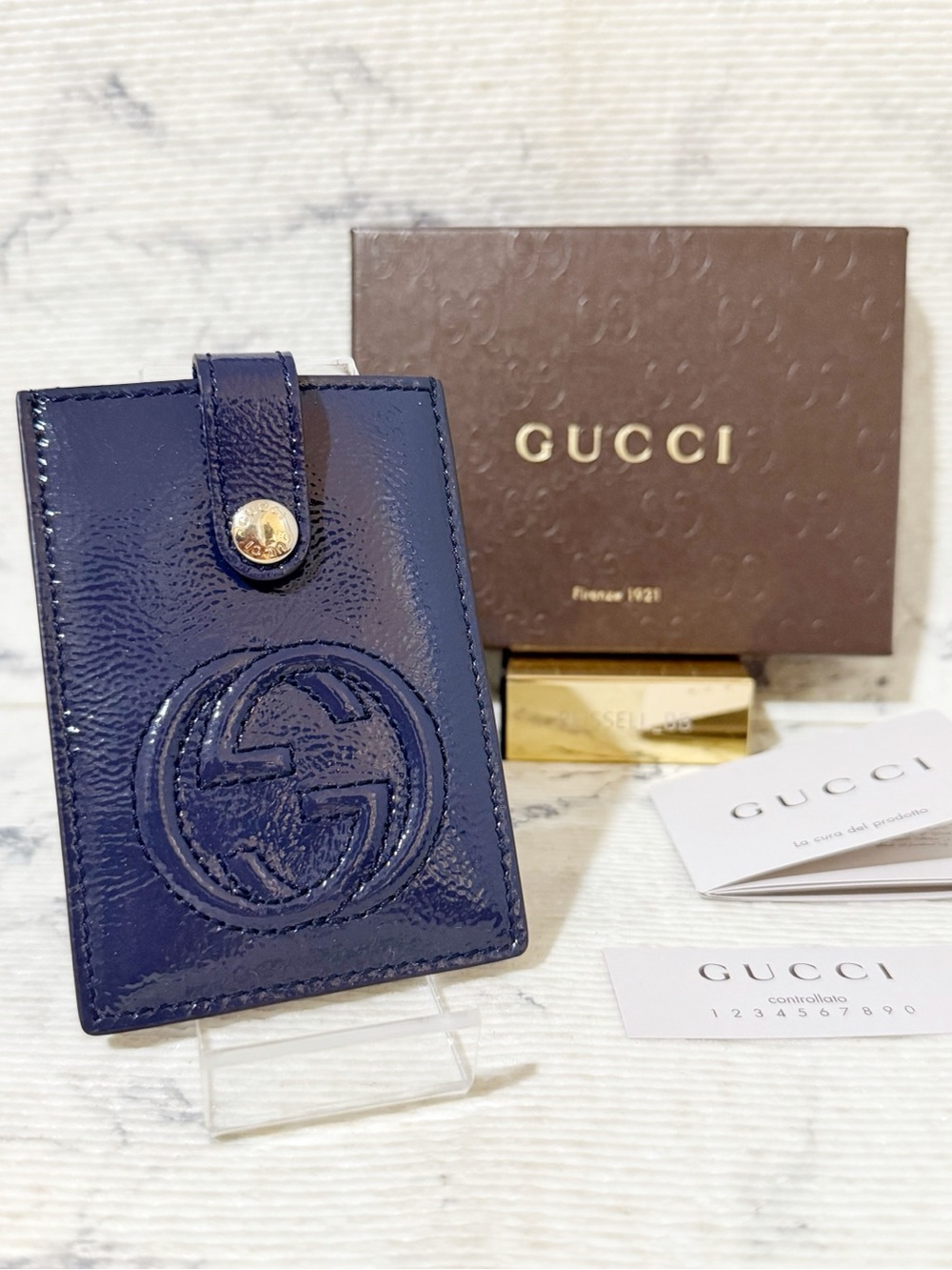 Gucci Soho Patent Leather Card Holder in Deep Navy with Snap